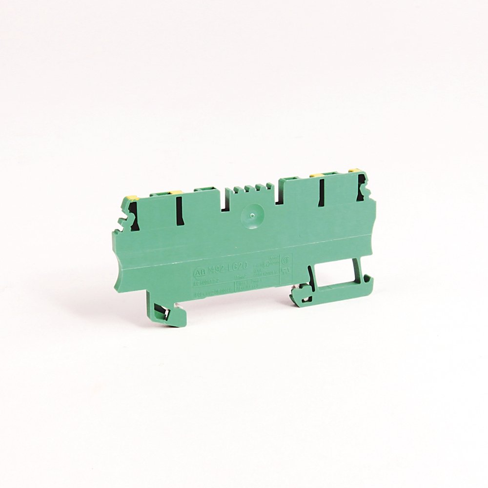 Spring Clamp Terminal Block,One-Circuit Feed-Through Ground Block,1.5 mm (# 22 AWG - # 16 AWG),2 Connection points on each side,Green / Yellow Stripe (Standard),