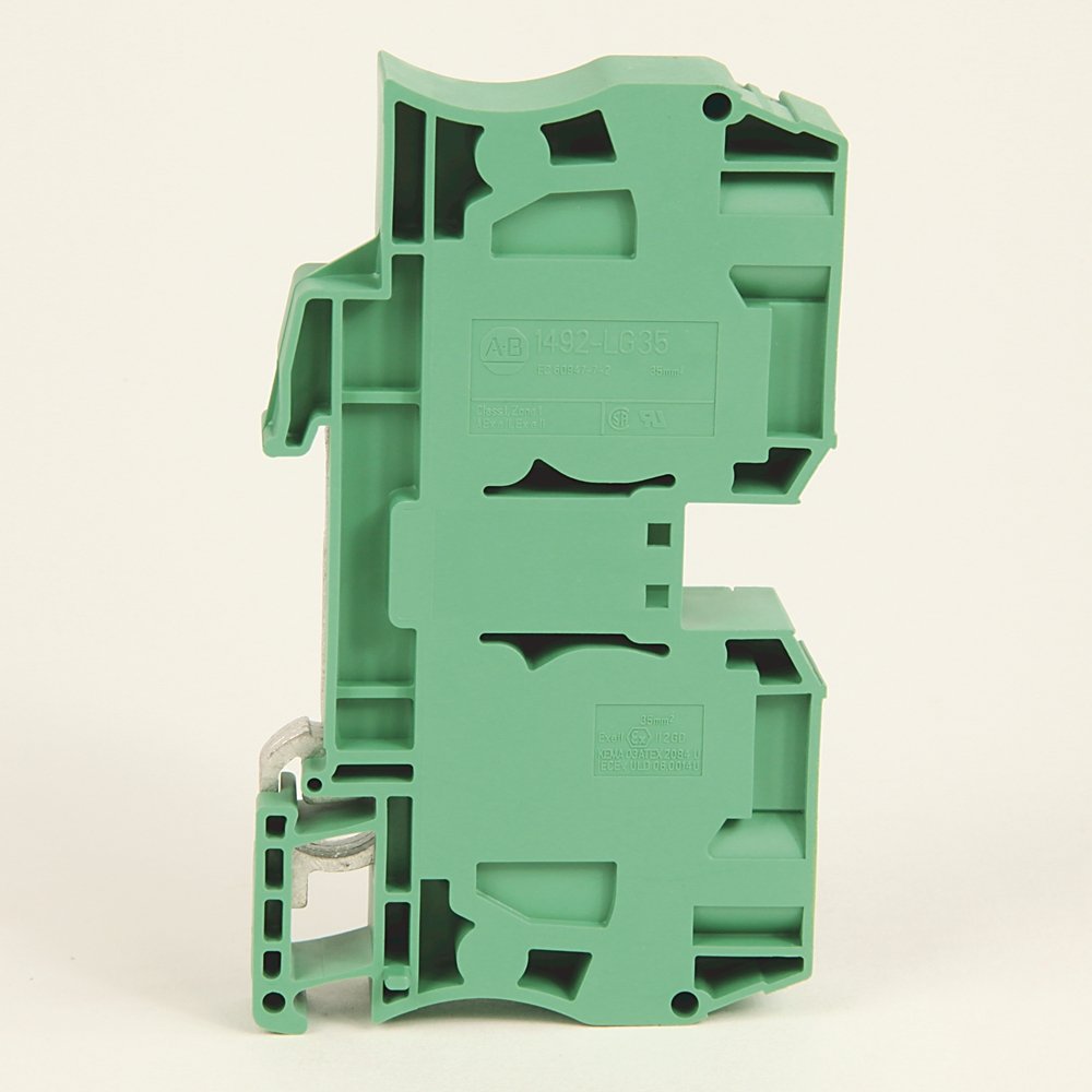 Spring Clamp Terminal Block,One-Circuit Feed-Through Ground Block,2.5 mm (# 22 AWG - # 14 AWG),2 Connection points on each side,Green / Yellow Stripe (Standard),