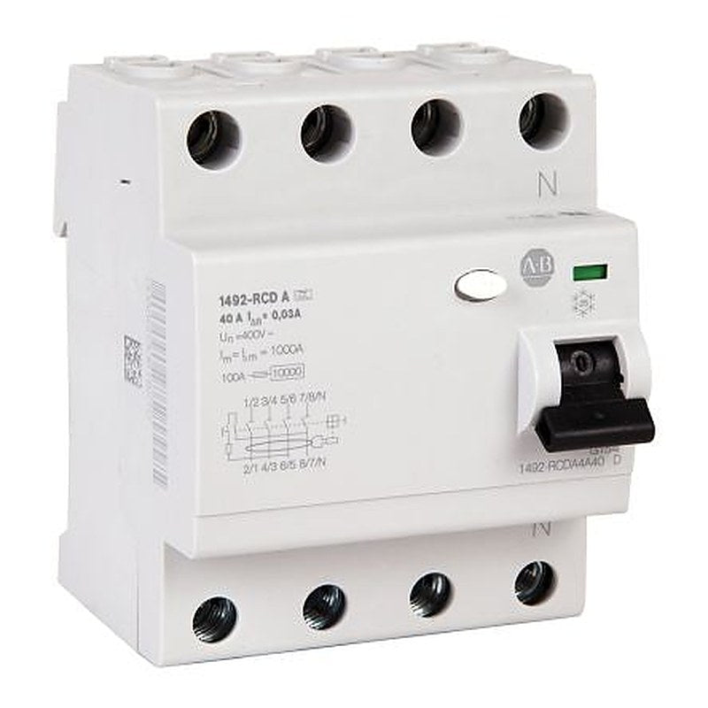 Allen Bradley 1492-RCD Residual Current Devices Series Residual Current Device, 40A, 4-Pole, 30 mA, Type A, 1 kA, 110 V