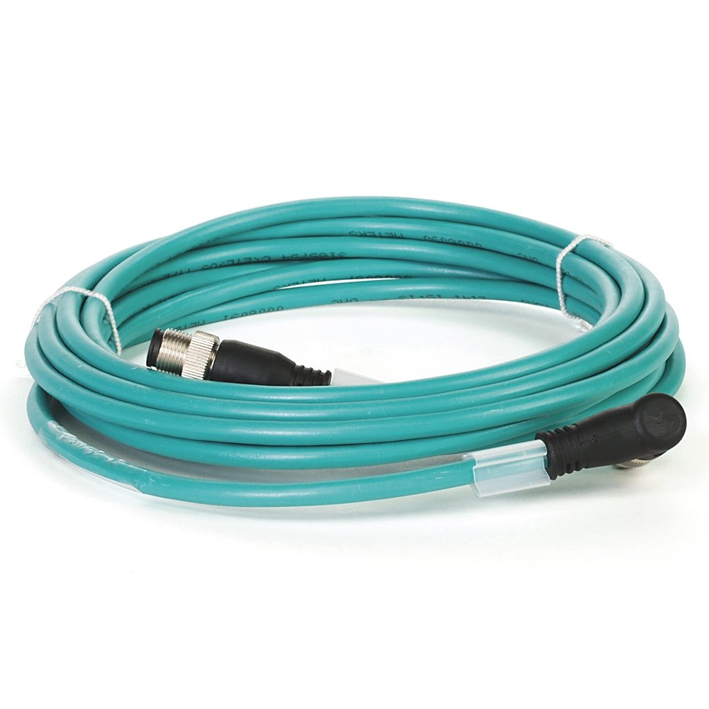 1585 Ethernet Cables Cat5e, 100BASE-TX, 100 Mbit/s, 4 Conductors, M12, Straight Male, Standard, M12, Right Angle Male, Teal PUR, Shielded, High Flex, PUR, Halogen Free, 10 million cycles