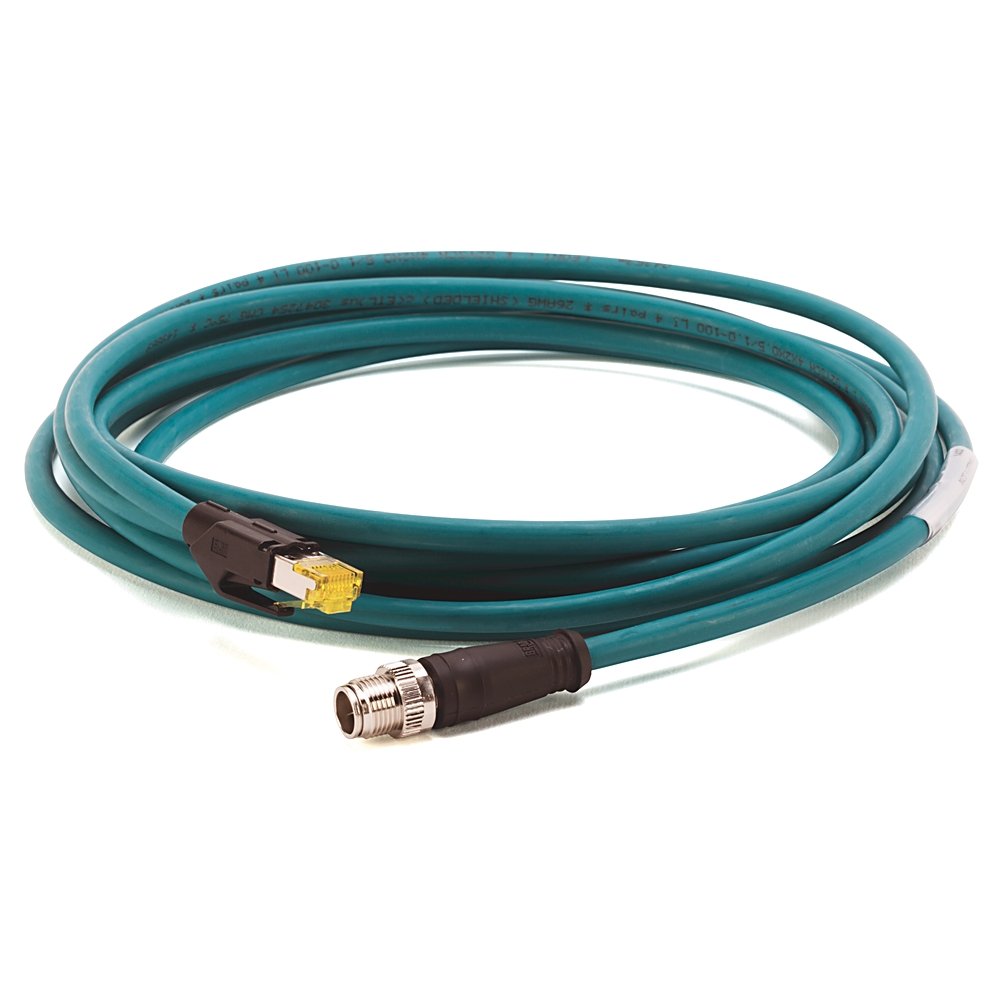 1585 Ethernet Cables Cat6, 1000BASE-T, 1000 Mbit/s, 8 Conductors, M12 X-CODE, Straight Male, Standard, RJ45, Straight Male, Teal PUR, Shielded, High Flex, PUR, Halogen Free, 10 million cycles