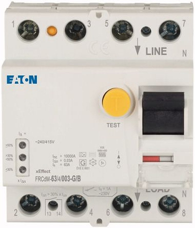 Eaton FRCdM Series Residual Current Circuit Breaker, 63A, 4-Pole, 30 mA, Type B, 10 kA, 220 V dc 240V ac