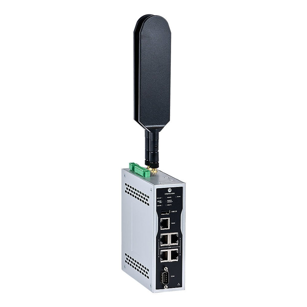 1783 Stratix 4300 Remote Access Router, VPN, 1 Ethernet 10/100/1000 Port WAN, 4 Ethernet 10/100/1000 Port LAN, LTE (Cellular), RS232/422/485 (DB9M) Isolated, USB 2.0, Digital Input/Output, Power 12/24VDC isolated