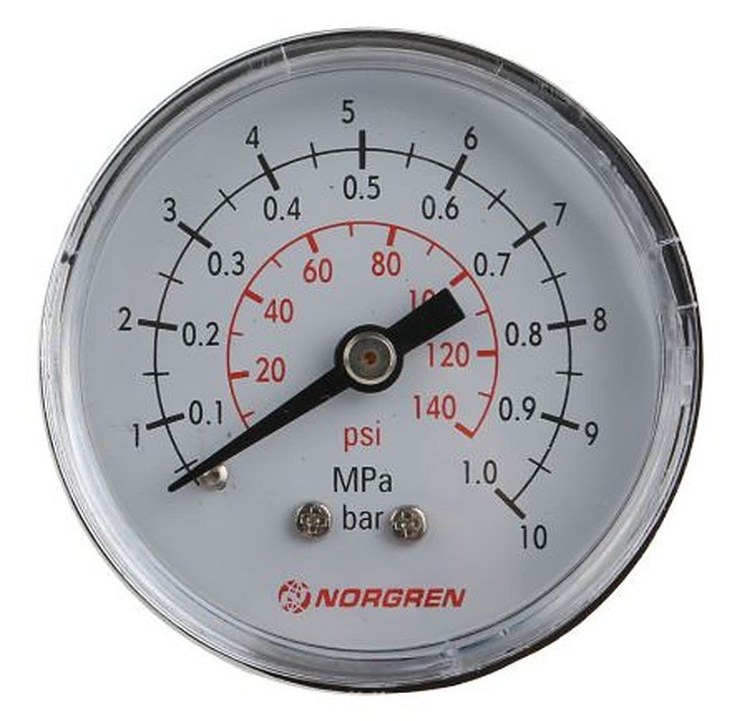 Norgren R 1/8 in MNPT Pressure Gauge, 50 mm, 10 bar, RSCAL
