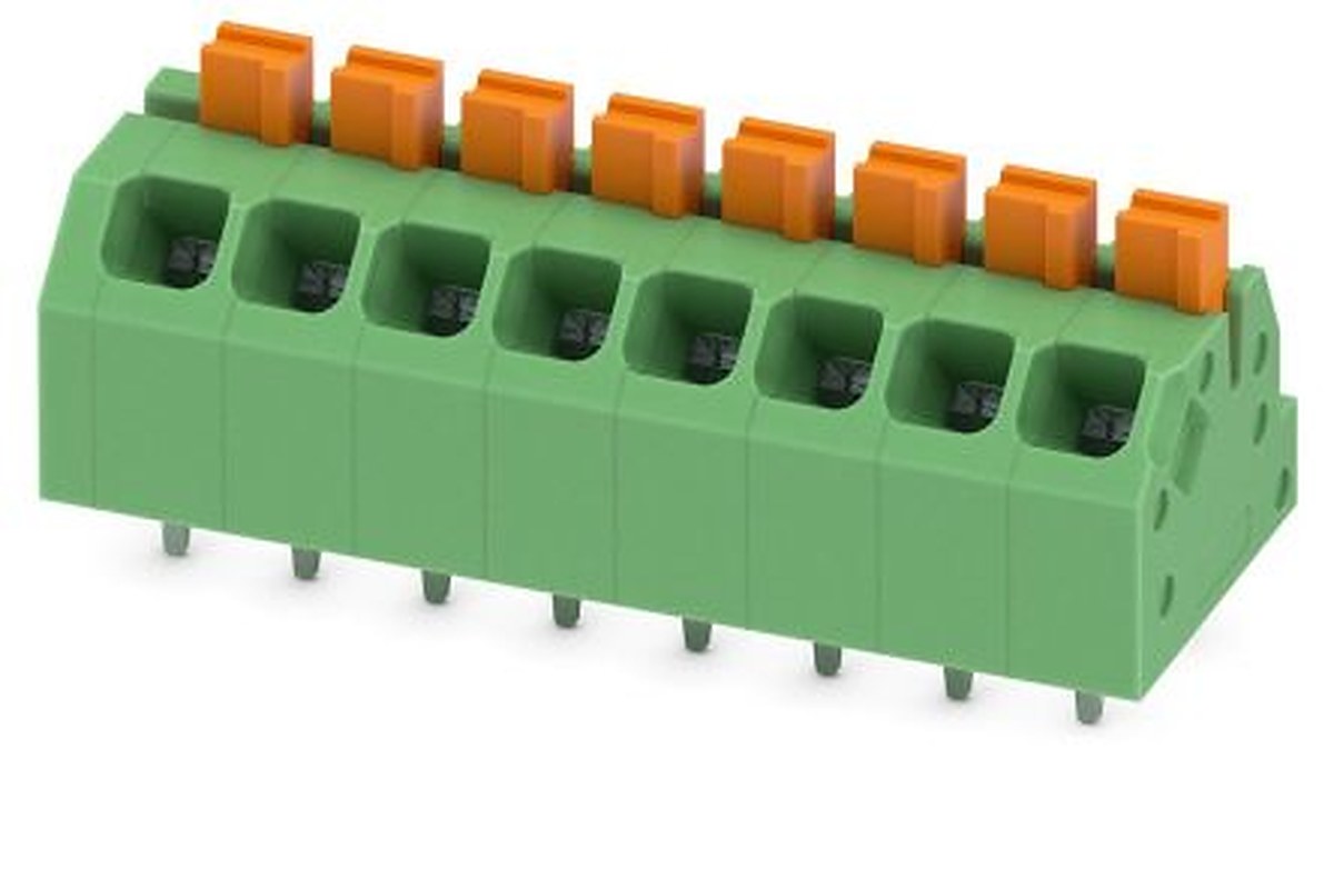 Phoenix Contact SPTAF 1/ 8-3.5-EL Series Angled Wave Soldering Mount PCB Terminal Block, 8 Contact(s), 3.5 mm Pitch, 1