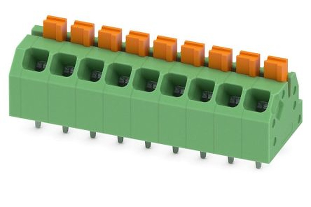 Phoenix Contact SPTAF 1/ 9-3.5-EL Series Angled Wave Soldering Mount PCB Terminal Block, 9 Contact(s), 3.5 mm Pitch, 2