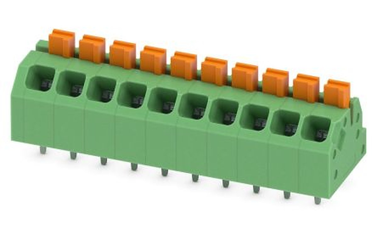 Phoenix Contact SPTAF 1/10-3.5-EL Series Angled Wave Soldering Mount PCB Terminal Block, 10 Contact(s), 3.5 mm Pitch, 2