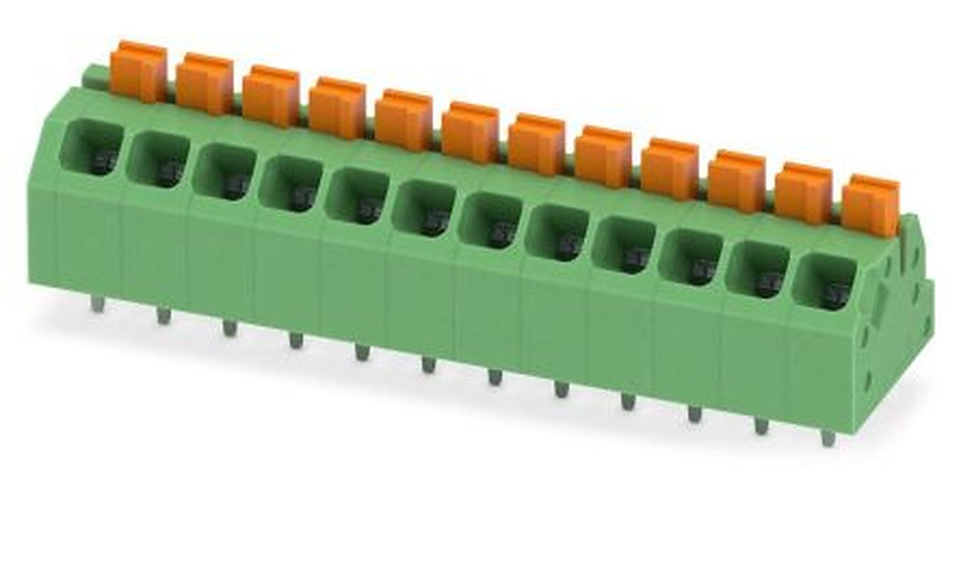 Phoenix Contact SPTAF 1/12-3.5-EL Series Angled Wave Soldering Mount PCB Terminal Block, 12 Contact(s), 3.5 mm Pitch, 2