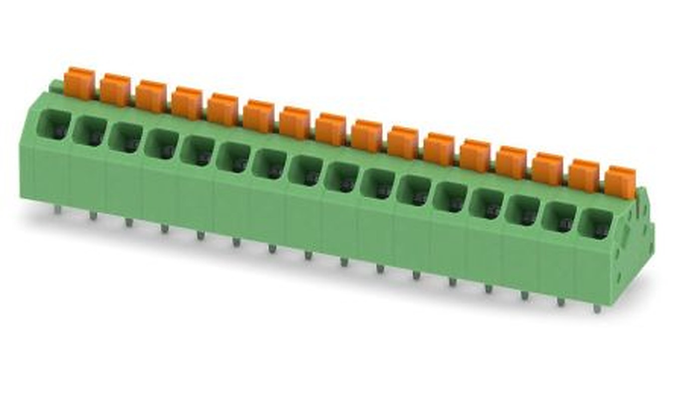 Phoenix Contact SPTAF 1/16-3.5-EL Series Angled Wave Soldering Mount PCB Terminal Block, 16 Contact(s), 3.5 mm Pitch, 2