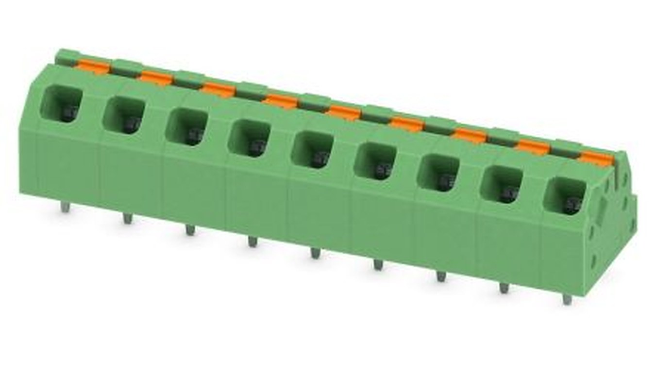 Phoenix Contact SPTAF 1/ 9-5.0-IL Series Angled Wave Soldering Mount PCB Terminal Block, 9 Contact(s), 5 mm Pitch, 1 Row