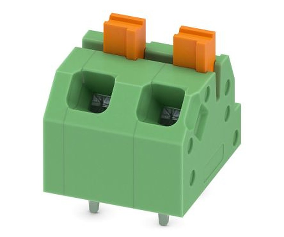 Phoenix Contact SPTAF 1/ 2-5.0-EL Series Angled Wave Soldering Mount PCB Terminal Block, 2 Contact(s), 5 mm Pitch, 2 Row