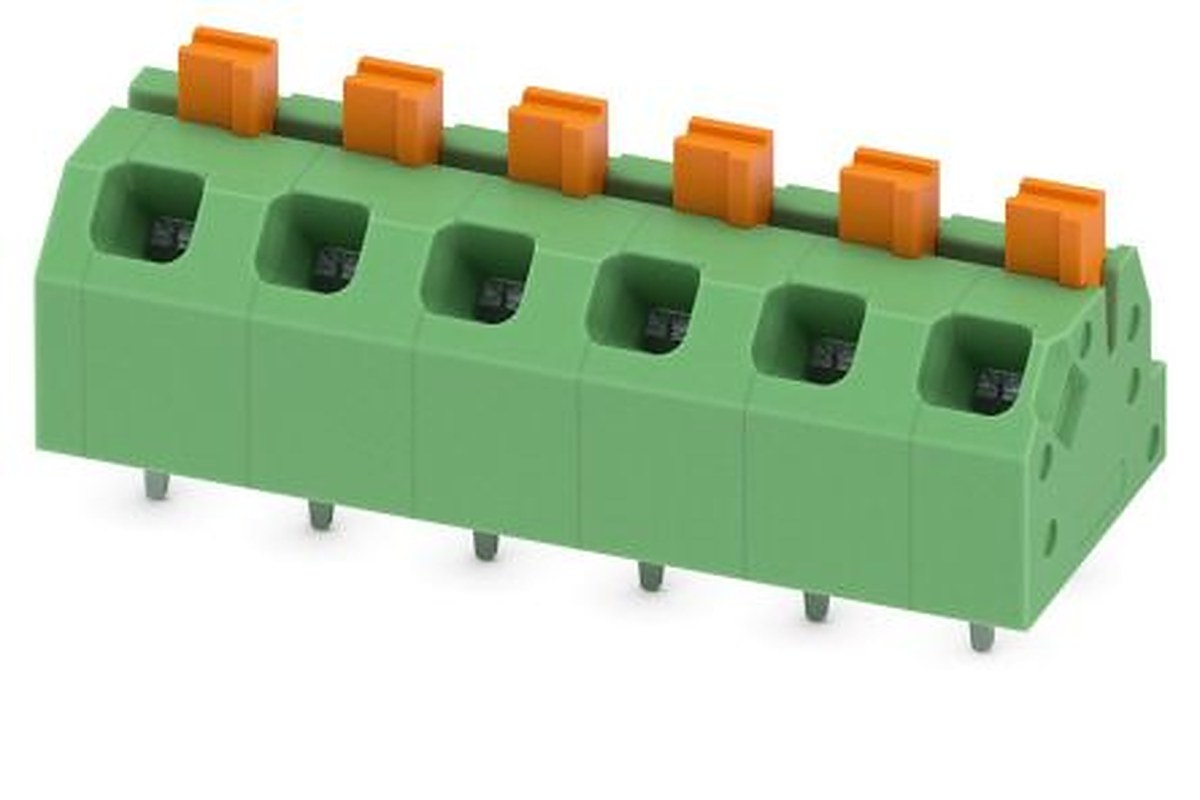 Phoenix Contact SPTAF 1/ 6-5.0-EL Series Angled Wave Soldering Mount PCB Terminal Block, 6 Contact(s), 5 mm Pitch, 1 Row