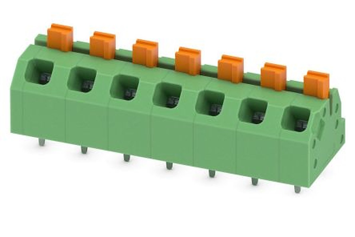 Phoenix Contact SPTAF 1/ 7-5.0-EL Series Angled Wave Soldering Mount PCB Terminal Block, 7 Contact(s), 5 mm Pitch, 2 Row