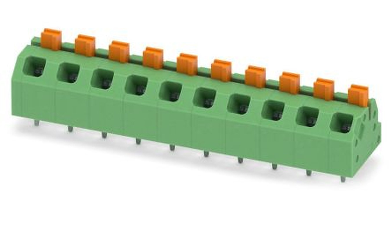 Phoenix Contact SPTAF 1/10-5.0-EL Series Angled Wave Soldering Mount PCB Terminal Block, 10 Contact(s), 5 mm Pitch, 2