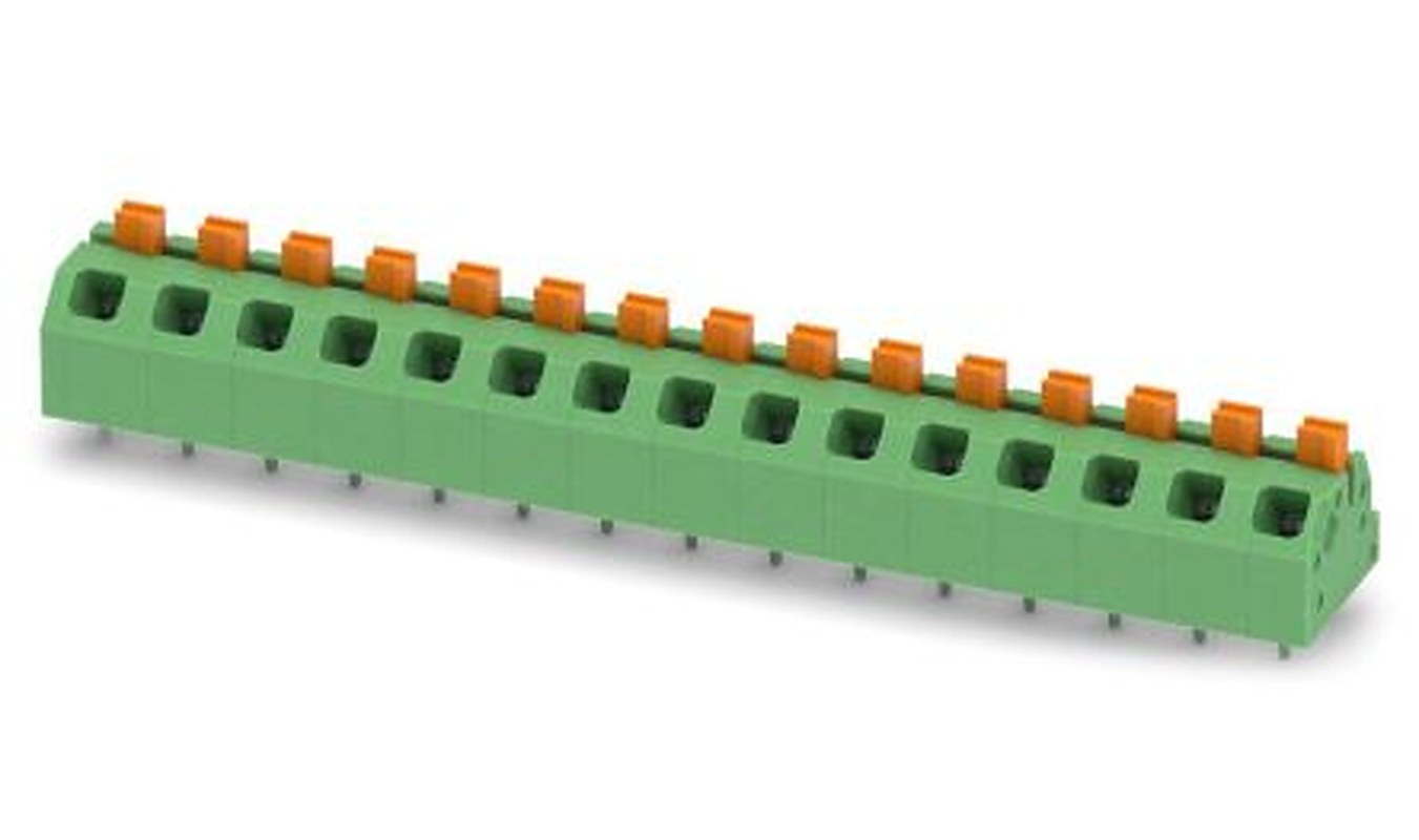 Phoenix Contact SPTAF 1/15-5.0-EL Series Angled Wave Soldering Mount PCB Terminal Block, 15 Contact(s), 5 mm Pitch, 1