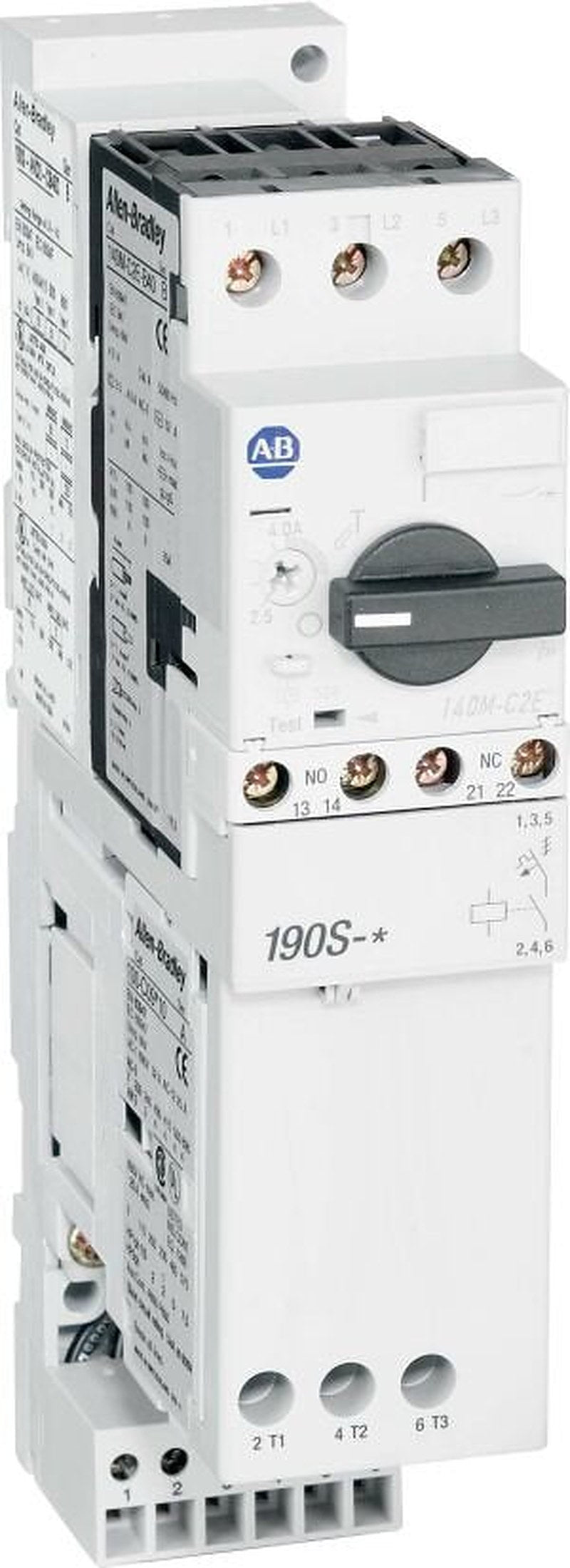 190S Sliding DIN Starter: 16 Amp Contactor, 1 N.O. Aux, 110V 50Hz / 120V 60Hz, 140MT-C3E (C-Frame), 10 - 16 A, 1 NO + 1 NC Aux