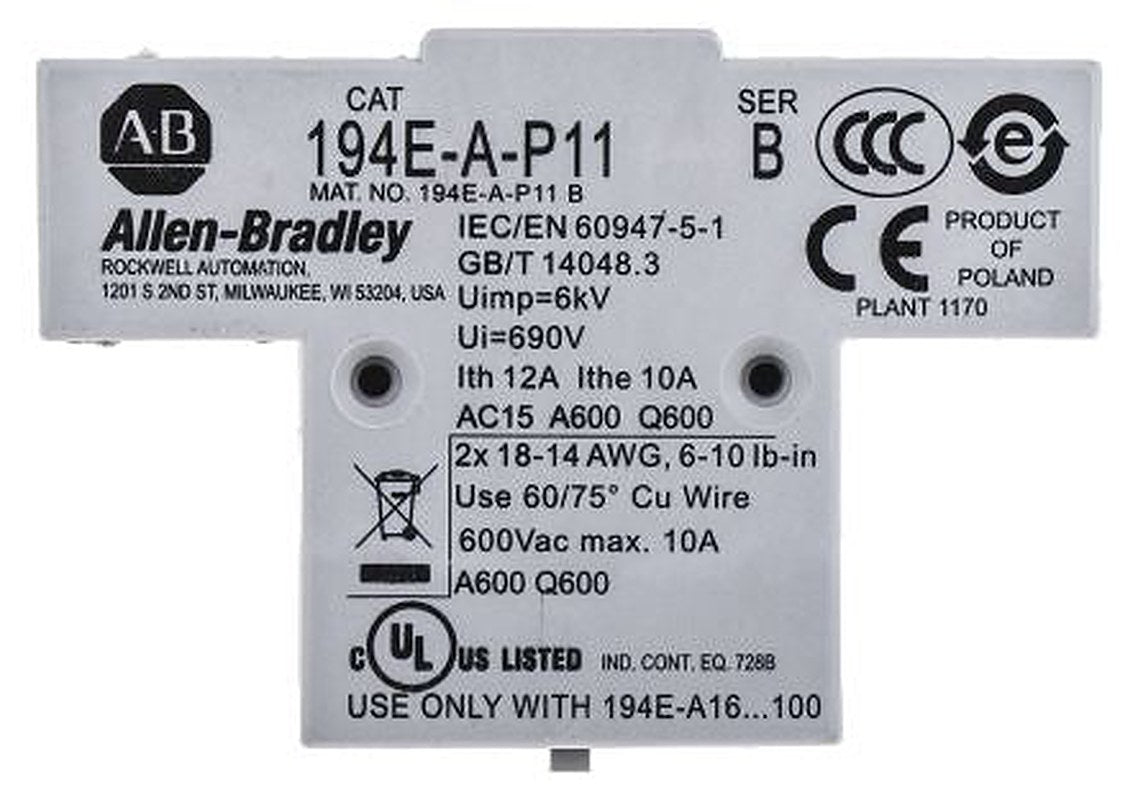 Allen Bradley Auxiliary Contact, 2 Contact, 1 NO/1 NC, 194, Front, 100 A, 500V dc, 194E-A-P11