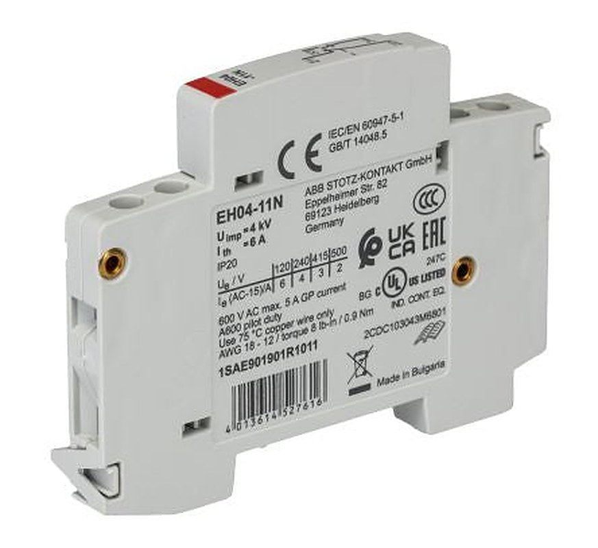 ABB Auxiliary Contact, 1 Contact, 1 NO/1 NC, EH04-11N, Side, 6 A, 500V ac, 1SAE901901R1011