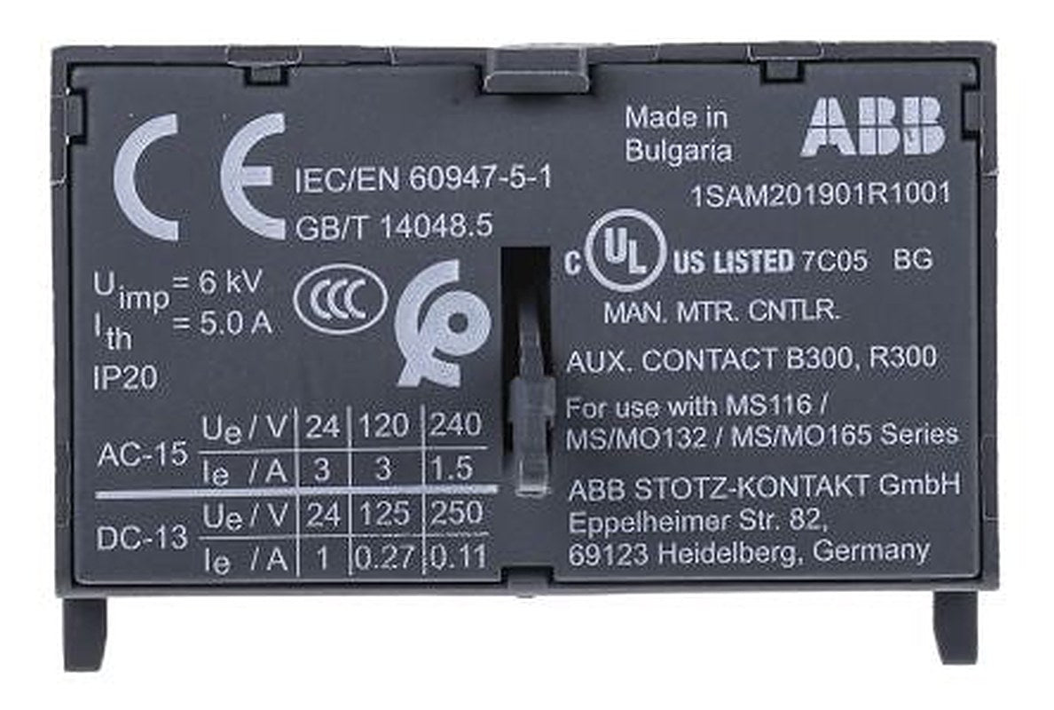 ABB Auxiliary Contact, 2 Contact, 1 NO/1 NC, HK1, Front, 16 A, 220 V dc, 230V ac, 1SAM201901R1001 HKF1-11