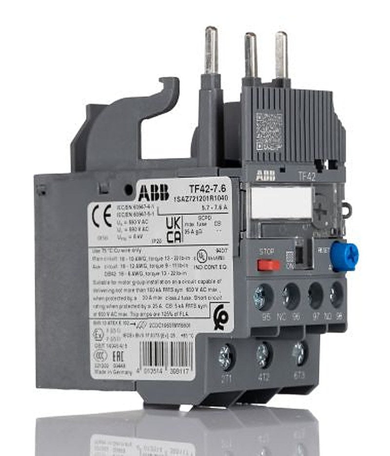 ABB, TF42 Thermal Overload Relay 1 NO/1 NC, 5.7A, 7.6 A F.L.C, 7.6A Contact Rating, 2 W 3