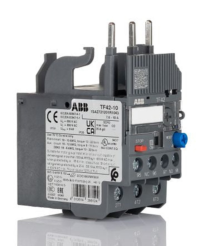 ABB, TF42 Thermal Overload Relay 1 NO/1 NC, 10A, 7.6 A F.L.C, 10A Contact Rating, 2 W 3