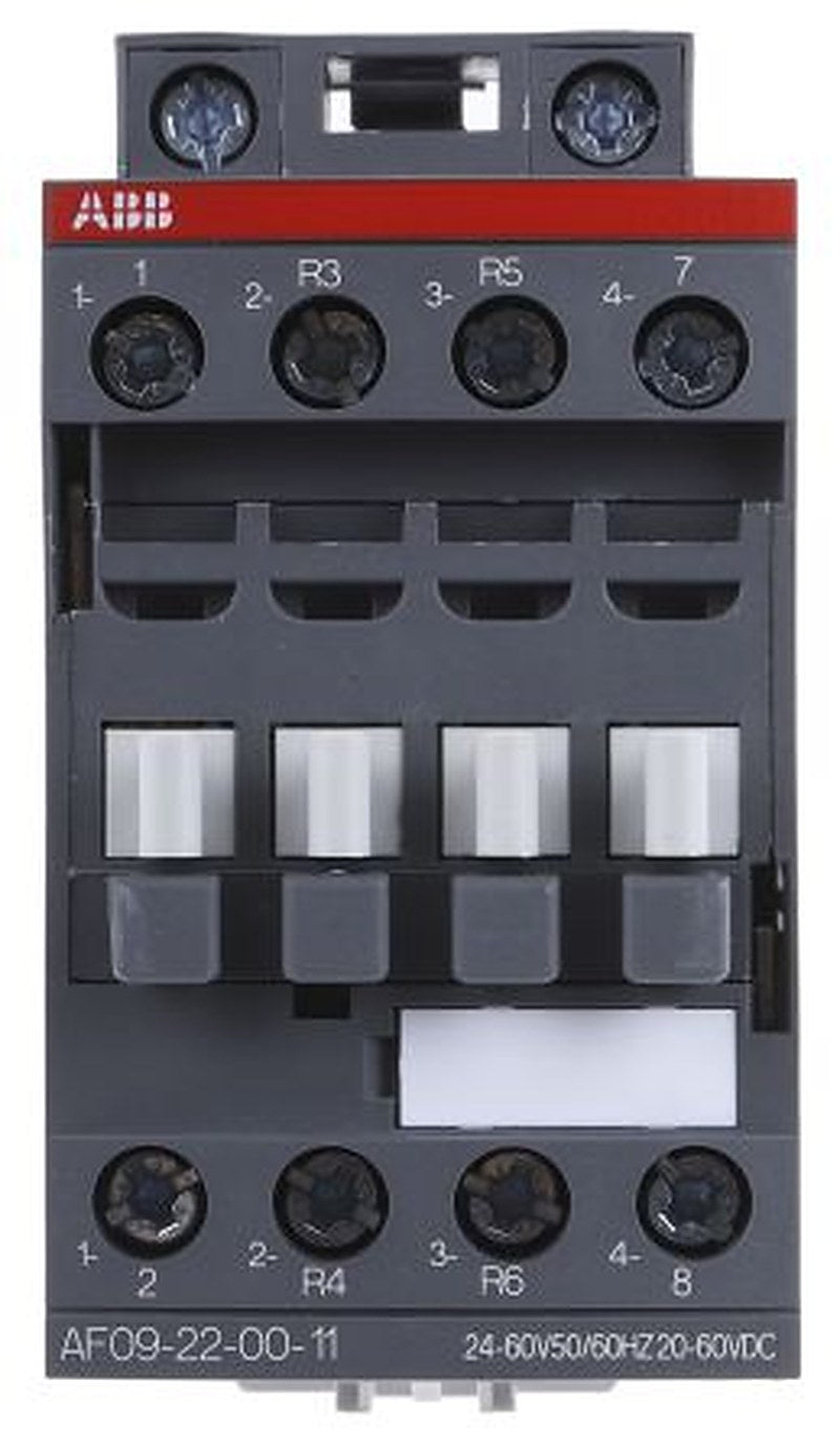 ABB AF09 Contactor, 24V ac/dc, 60 V ac/dc Coil, 4-Pole, 25 A, 4 kW 60V ac/dc, 2 NO/2 NC, 690V ac