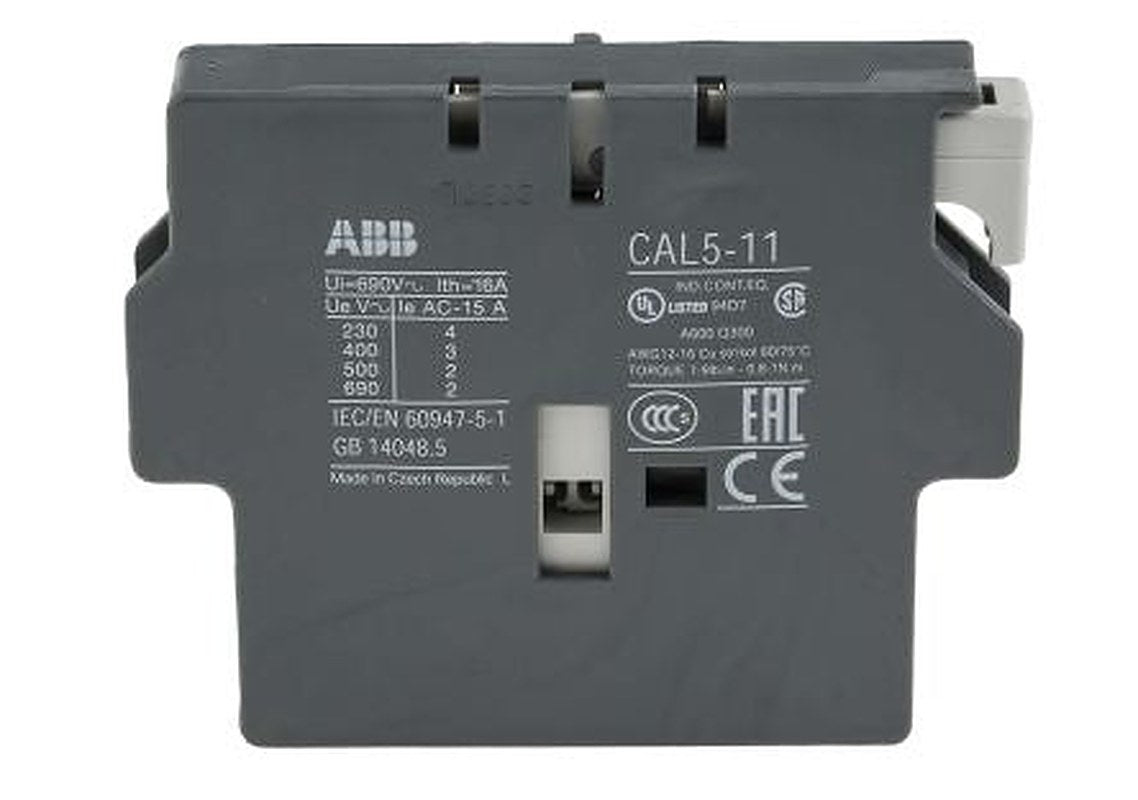 ABB Auxiliary Contact Block, 2 Contact, 1 NO/1 NC, CAL5-11, Side, 6 A, 690V, 1SBN010020R1011