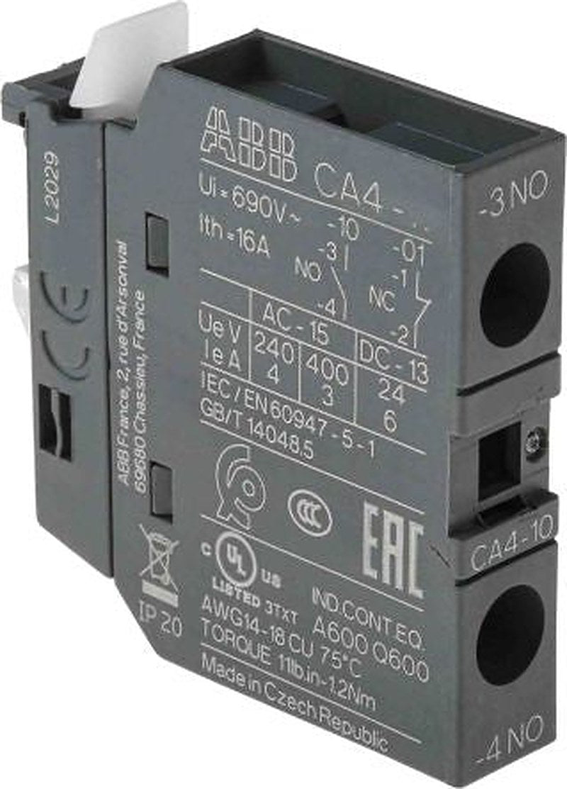 ABB Auxiliary Contact, 1 Contact, 1 NO, CA4, Front, 6 A, 600 V dc, 690V ac, 1SBN010110R1010 CA4-10