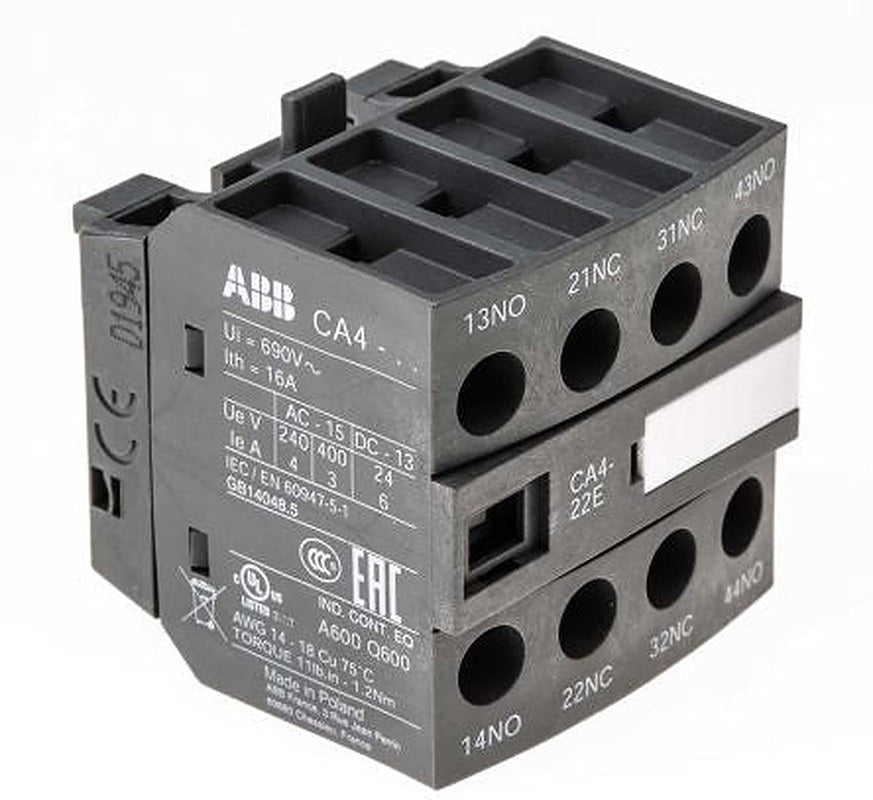ABB Auxiliary Contact, 4 Contact, 2 NC/2 NO, CA4, Front, 6 A, 690V ac, 1SBN010140R1022 CA4-22E
