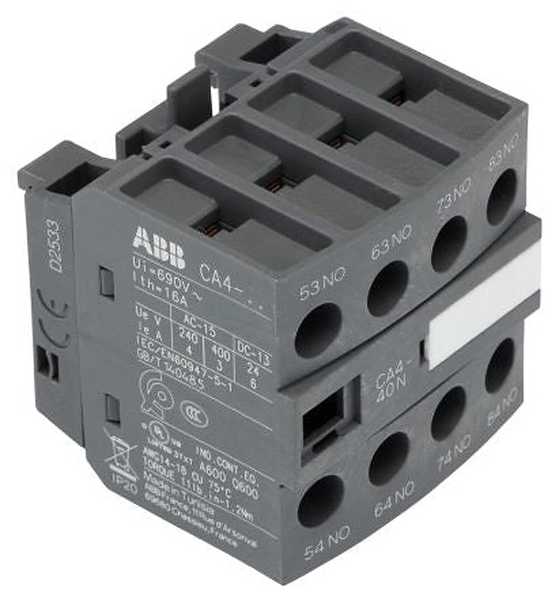 ABB Auxiliary Contact, 4 Contact, 4 NO, CA4, Front, 6 A, 690V ac, 1SBN010140R1240 CA4-40N