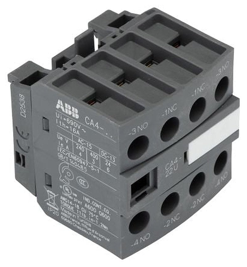 ABB Auxiliary Contact, 4 Contact, 2 NC/2 NO, CA4, Front, 6 A, 600 V dc, 690V ac, 1SBN010140R1322 CA4-22U