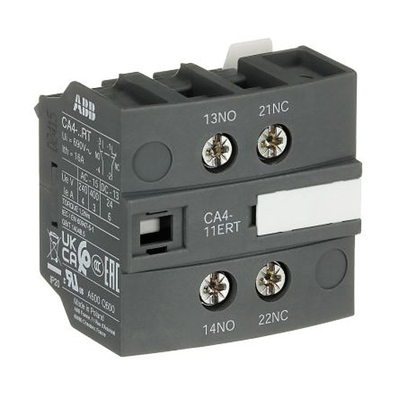 ABB Auxiliary Contact Block, 2 Contact, 1 NO/1 NC, CA4-11ERT, Front, 6 A, 690V, 1SBN010155R1011