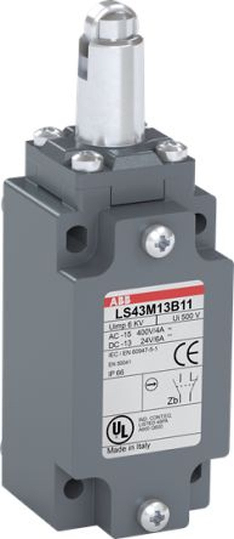 ABB LS43M13B11 Series Roller Lever Limit Switch, 1 NO/1 NC, IP66, Zinc Alloy Housing, 230V ac, 10A