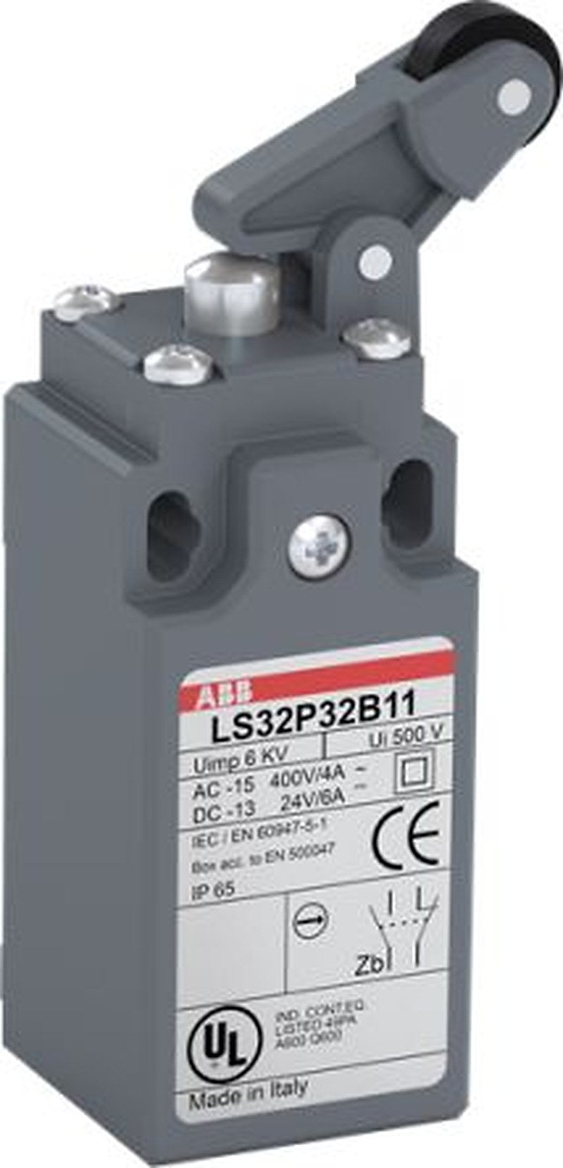 ABB LS33P32B11 Series Roller Lever Limit Switch, 1 NO/1 NC, IP65, Plastic Housing, 500V ac, 10A