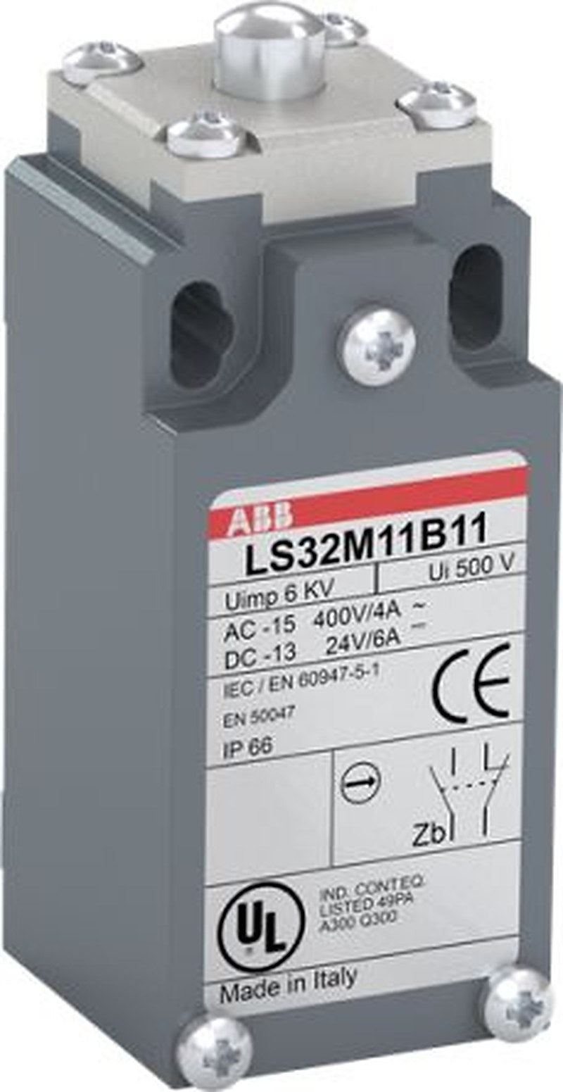 ABB LS33M11B11 Series Roller Lever Limit Switch, 1 NO/1 NC, IP66, Zinc Alloy Housing, 500V ac, 10A