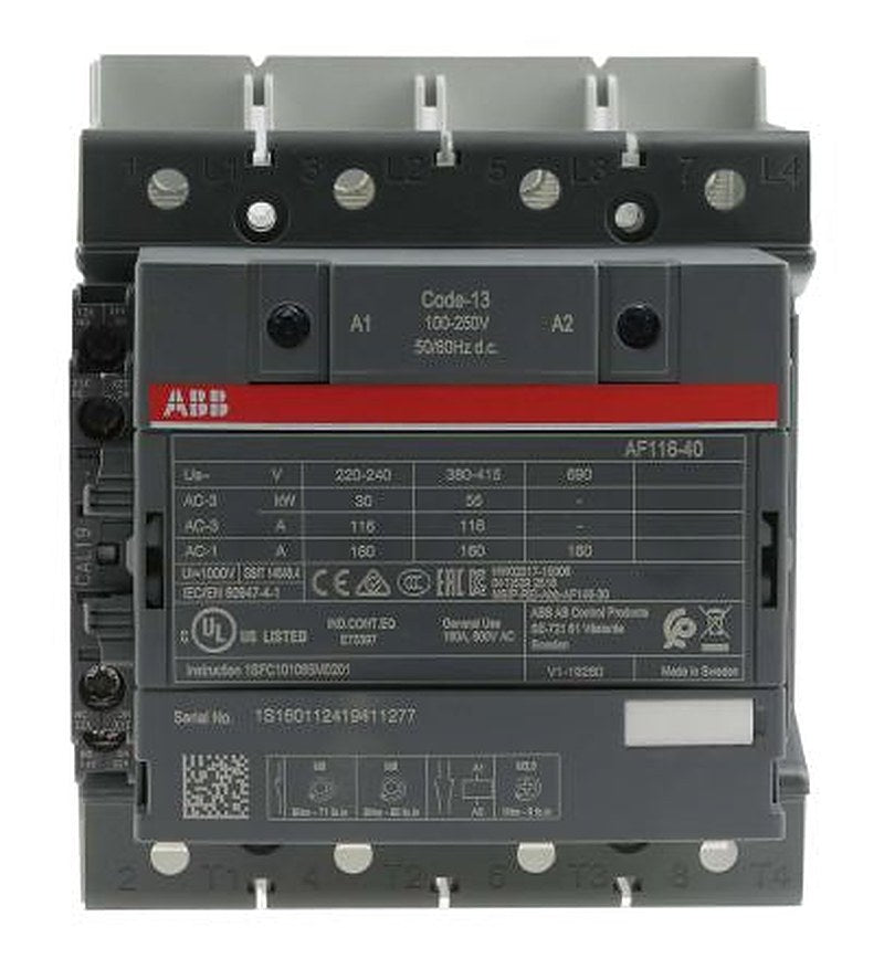 ABB AF116 Contactor, 230V ac Coil, 4-Pole, 160 A, 55 kW 250V, 4 NO, 690V ac