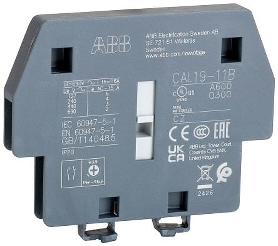 ABB Auxiliary Contact, 4 Contact, 2 NC/2 NO, CAL19, Side, 16 A, 690V ac, 1SFN010820R3311 CAL19-11B