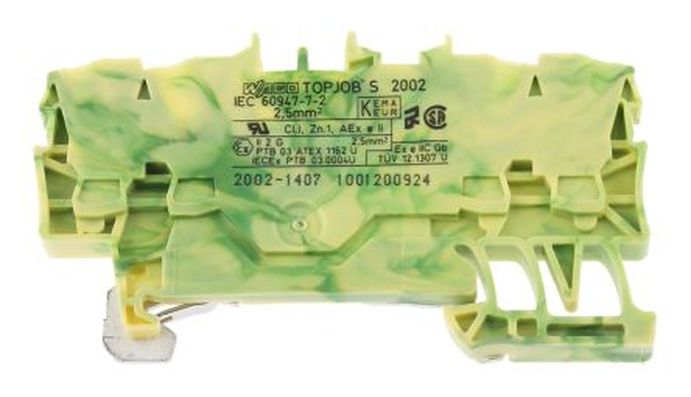 WAGO 2002-1407 Earth Terminal Block Green, Yellow, 2.5mm², 1-Level, Cage Clamp, IECEx/ATEX
