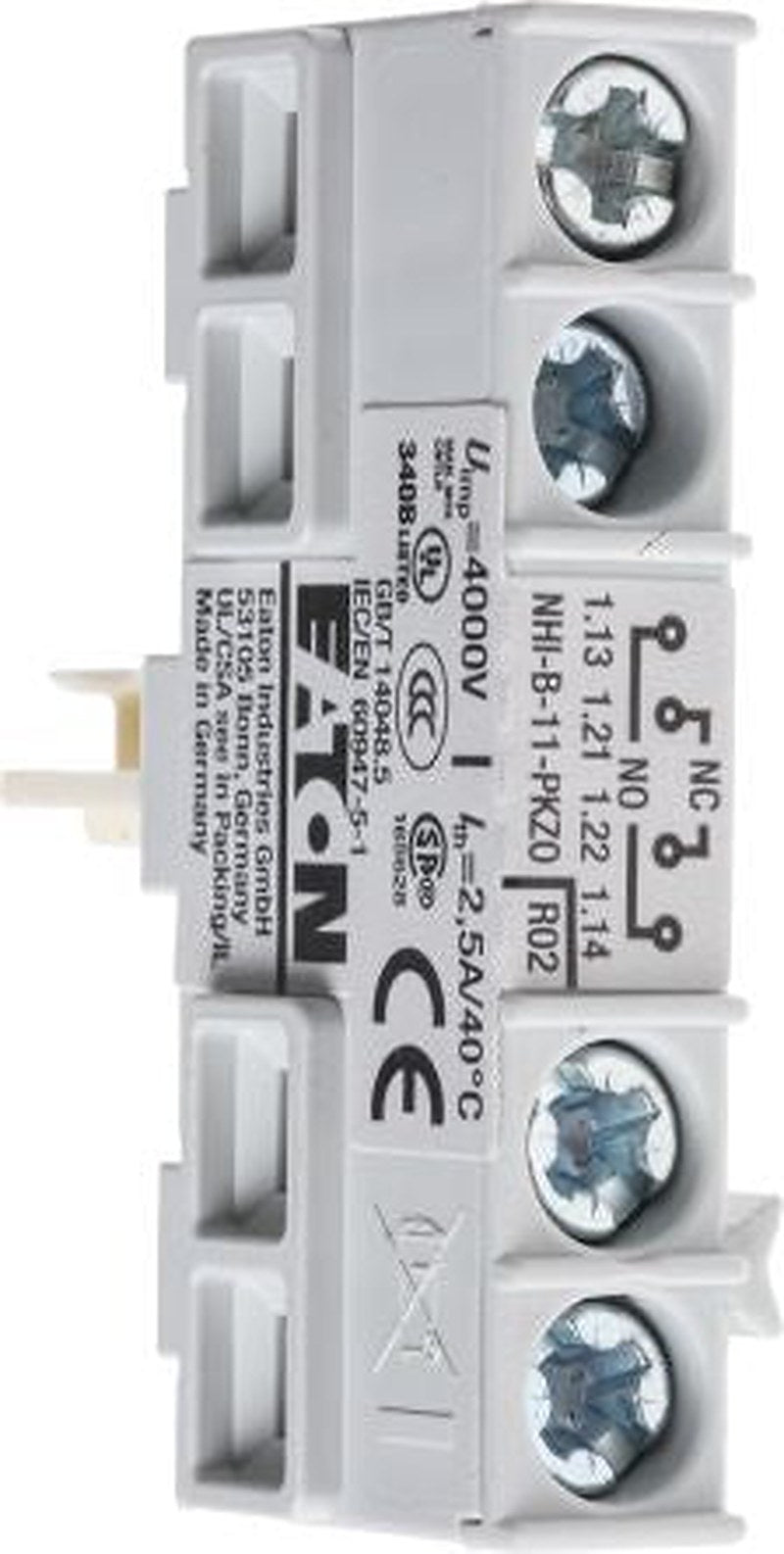 Eaton Auxiliary Contact, 2 Contact, 1 NO/1 NC, NHI-B-11-PKZ0, Top Mount, 1 A, 250 V dc, 440V ac, 208277 NHI-B-11-PKZ0