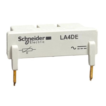 Schneider Electric LA4DE2E TeSys Deca suppressor module, for LC1D80-D150 (3P), LC1D80-D115 (4P) contactors. To be used with 24-48V AC control circuit voltage, it provides varistor protection limiting the transient voltage to 2 Uc max. Mounting on top of contactor, screw fixing and connection on coil terminals. Green Premium compliant (RoHS/REACh). The Schneider Electric TeSys LA4DE series is a suppressor module compatible with LC series which has control circuit voltage of 24 to 48 V ac. It has varistor pea