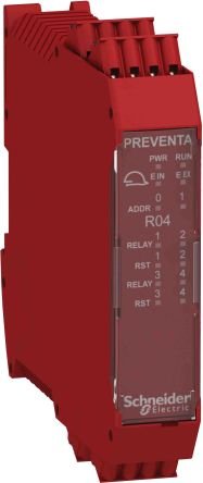 The Schneider Electric Preventa XPSMCM expansion modules with 4 independent safety relay outputs and the corresponding 4 inputs for the external feedback contacts (EDM).The relay can be configured according to Category 1, 2 and 4 architectures. Spring clamp Connector type