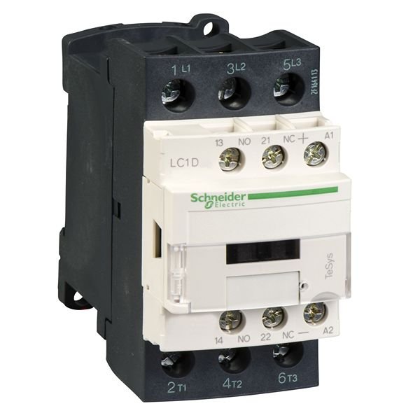 The Schneider Electric Contactor is used for motor control and resistive load applications. It features a protective cover and a rated breaking capacity of 550 kA at 440 V for the power circuit. The control circuit operates at 50/60 Hz, and the device can be mounted on a plate or rail. It is suitable for ambient temperatures ranging from -5°C to 60°C. 30 M cycles of mechanical durability RoHS compliant