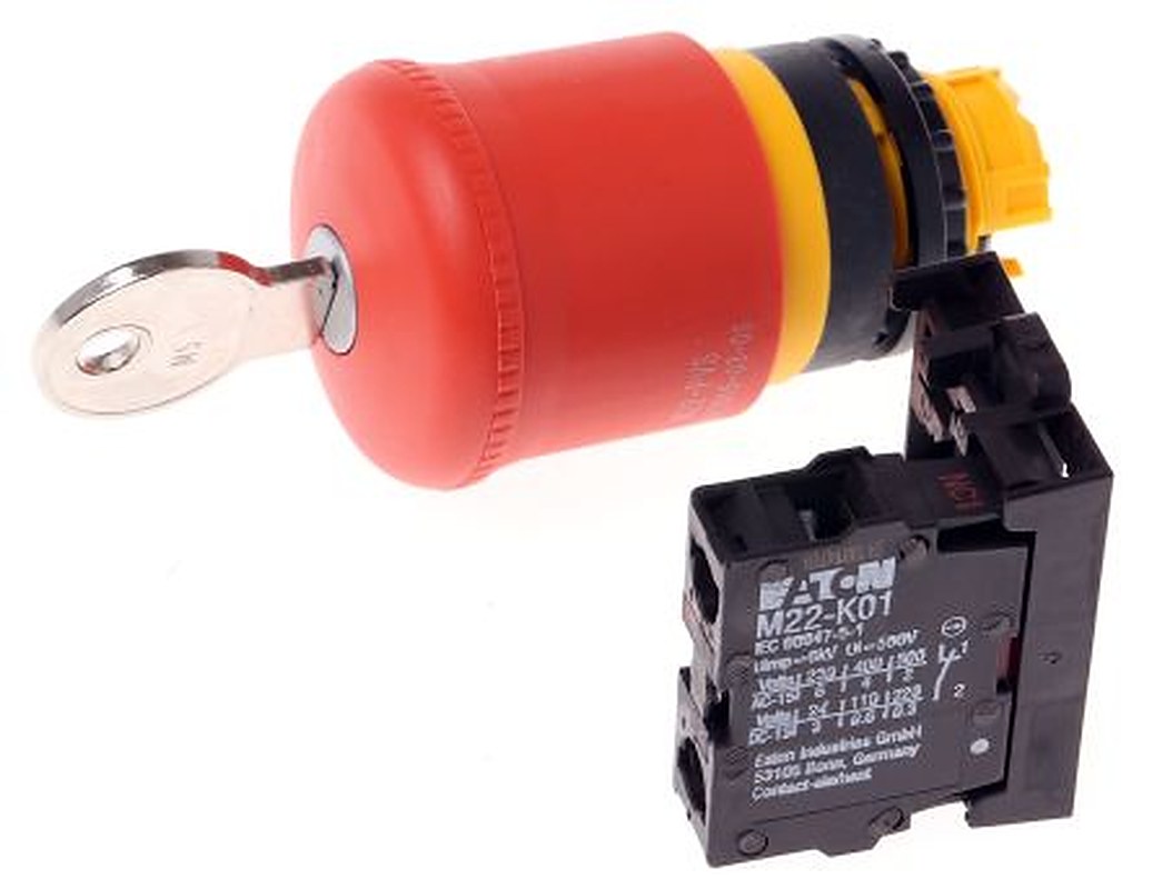 Eaton RMQ Titan M22 Series Key Release Emergency Stop Push Button, Panel Mount, 22.5 mm Cutout, 1 NC, IP66, IP67, IP69K