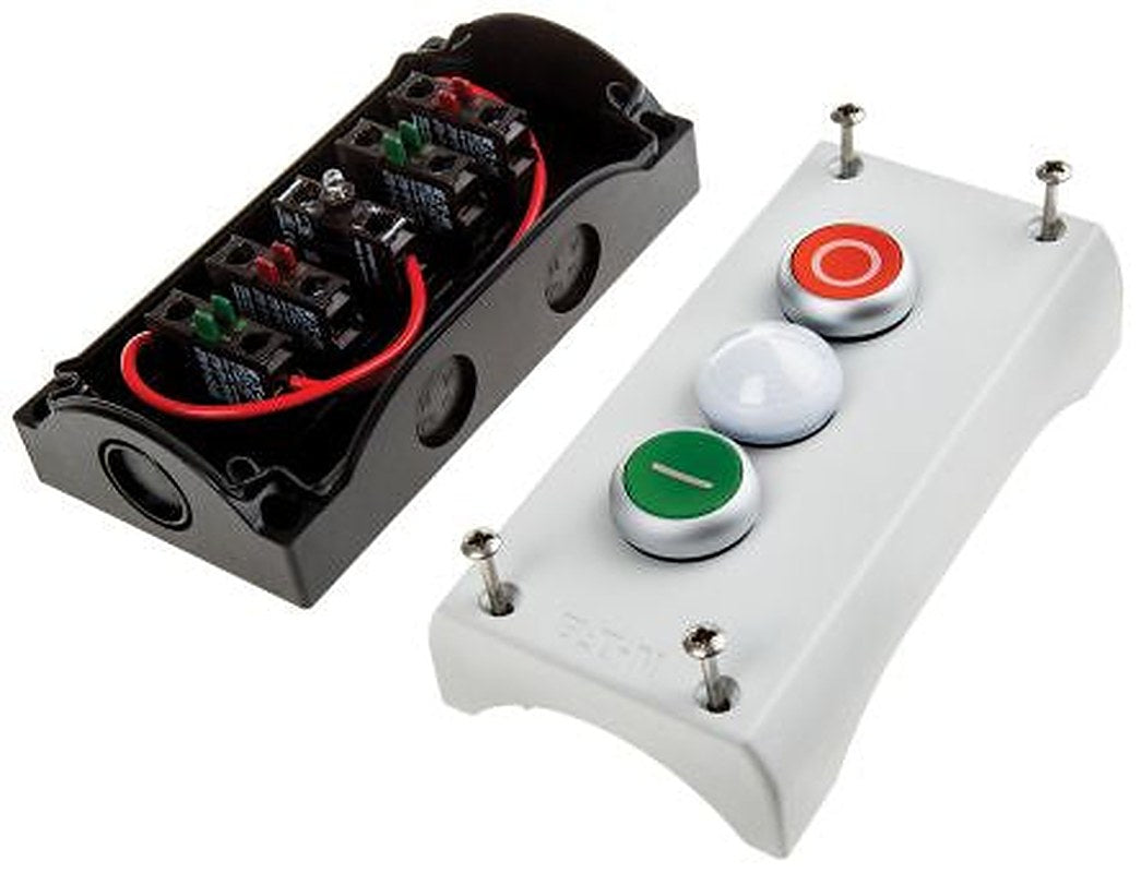Eaton Momentary Enclosed Push Button - 1 NO/1 NC, Plastic, 3 Cutouts, Green, Red, White, On/Off, IP69K