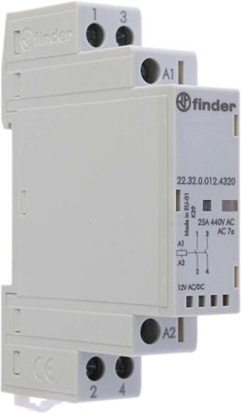 Finder 22 Contactor, 12V ac/dc Coil, 2-Pole, 25 A, 2.2 W 12V ac/dc, 2 NO, 440V