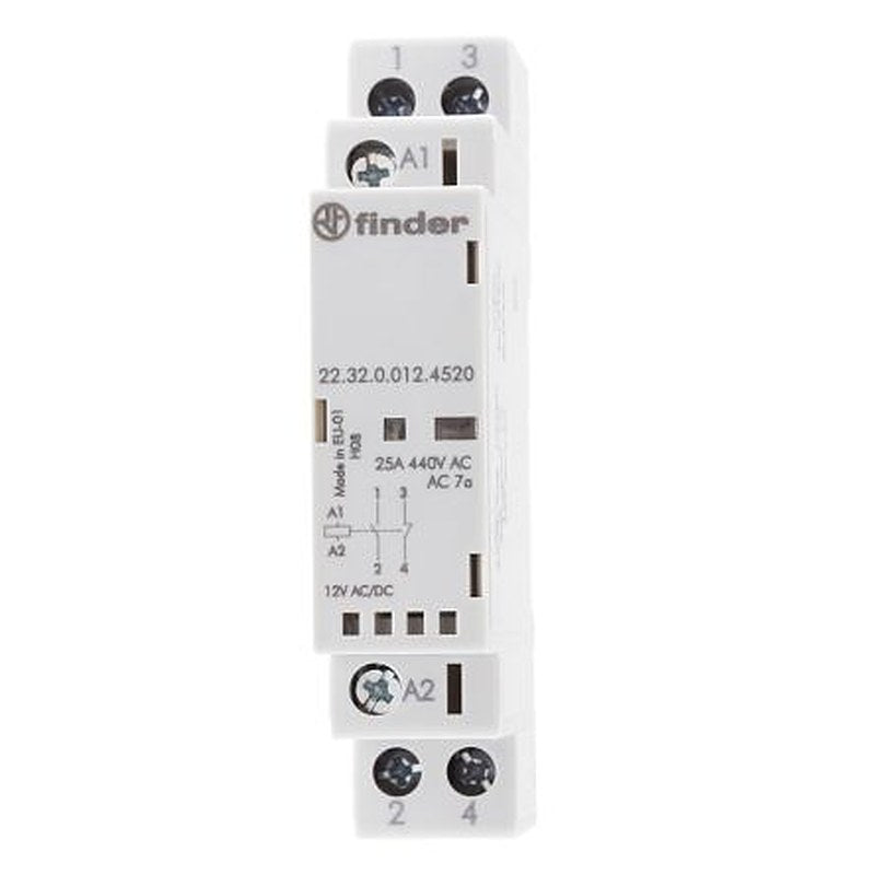 Finder 22 Contactor, 12V dc Coil, 2-Pole, 25 A, 2.2 W 12V dc, 1 NO/1 NC, 250 V dc, 440V ac