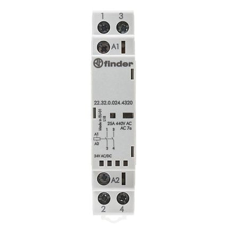 Finder 22 Contactor, 24V ac/dc Coil, 2-Pole, 25 A, 2.2 W, 2 NO, 440V