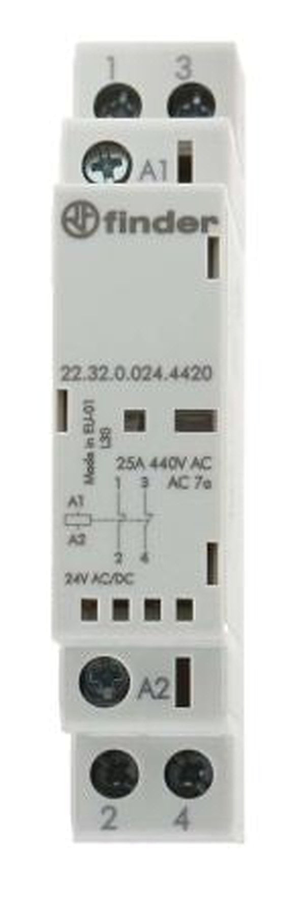 Finder 22 Contactor, 24V ac/dc Coil, 2-Pole, 25 A, 2 NC, 24V ac/dc