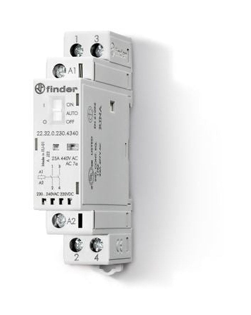 Finder 22 Contactor, 230V ac/dc Coil, 2-Pole, 25 A, 2.2 W 230V ac/dc, 2 NO, 440V ac, 250 V ac