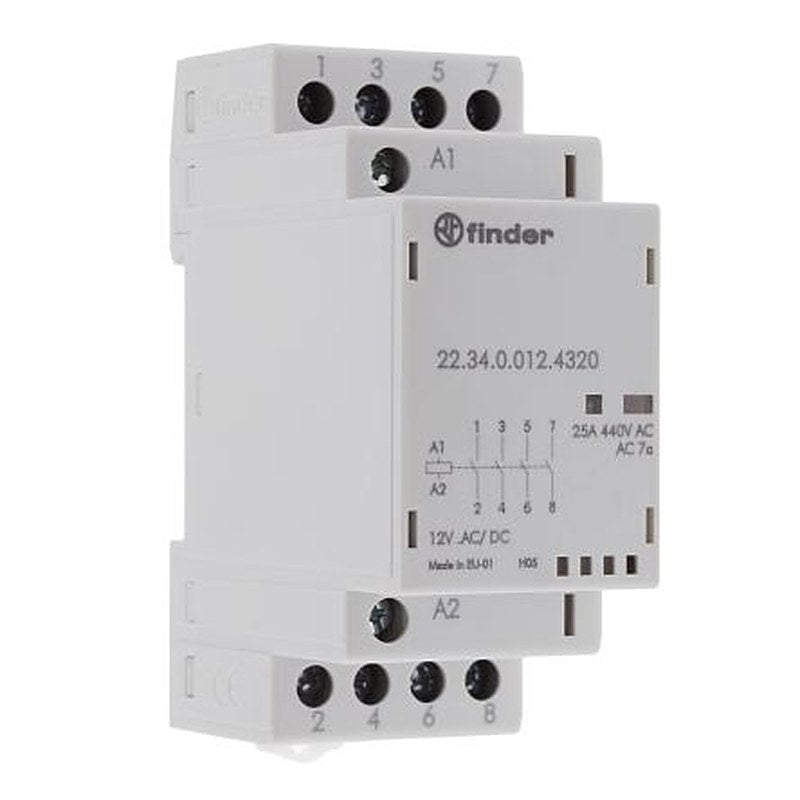 Finder 22 Contactor, 12V ac/dc Coil, 4-Pole, 25 A, 2 NO, 250V
